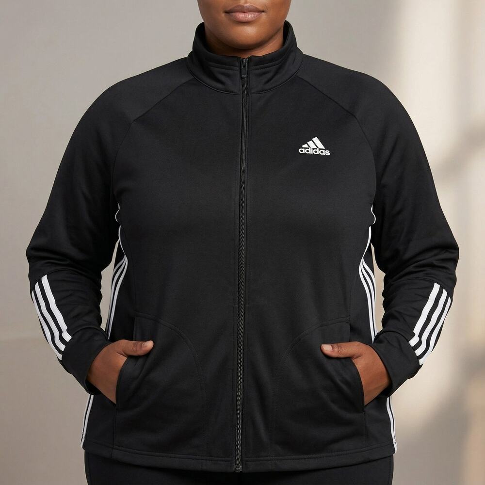 Adidas Women's Track Jacket Full Zip 3-Stripe Plus Size Black Activewear 1X